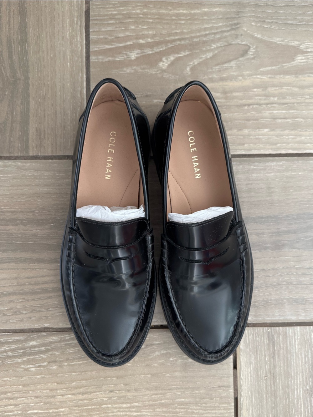 NWOT Cole Haan Treena Lug Penny Loafers - Black Leather